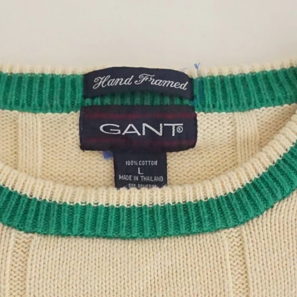 Gant Cream Cotton Ribbed Knit Sweater Green Trim Preppy Collegiate Old Money L - Picture 9 of 9